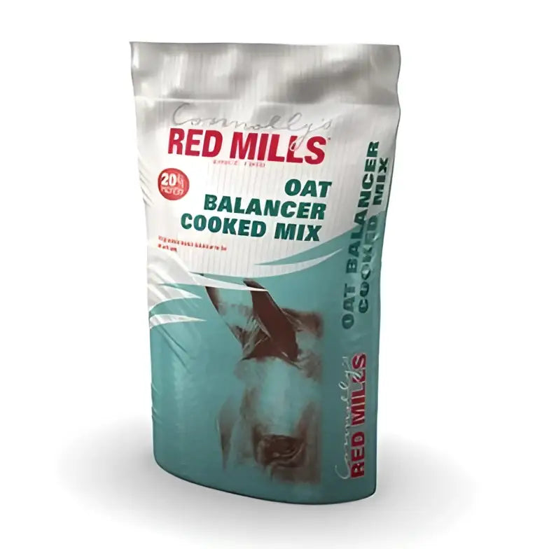 A teal and white bag of cornell red mills oat balancer cooked mix with steam cooked barley for horses 20kg