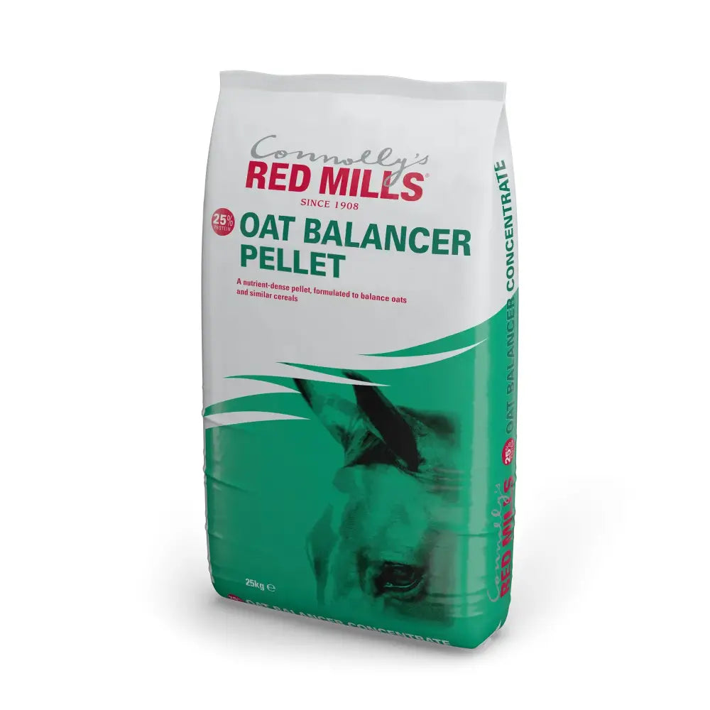 Connollys red mills oat balancer pellets 20 kg white and green bag with horse image for breeding stock nutrition
