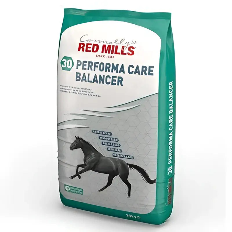 Green and white bag of red mills performa care bal 30 horse feed with 30 percent lllp 20kg packaging