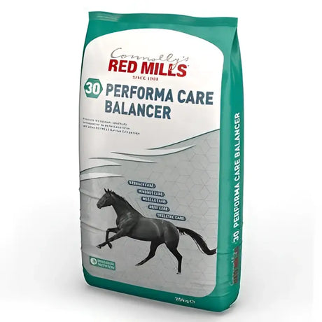 Green and white bag of red mills performa care bal 30 horse feed with 30 percent lllp 20kg packaging