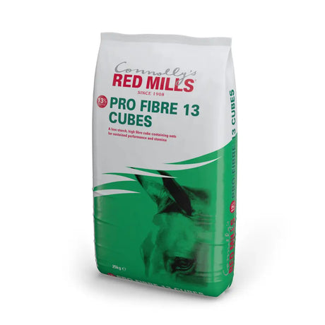 A white and green bag of connollys red mills pro fibre 13 cubes horse feed for horses requiring high fiber