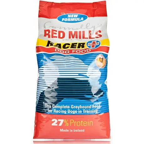 Red mills racer plus dog food bag 15 kg with blue red design white text and greyhounds high performance feed