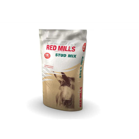 Red mills stud mix 14% 25 kg beige and white bag with red branding and a dog image for horse feeding