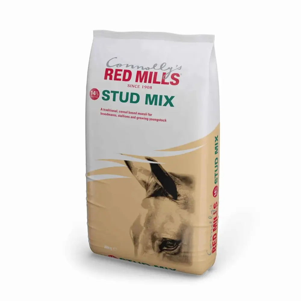 Connollys red mills stud mix horse feed in white and beige bag supports fertility foetal development and skeletal development milk