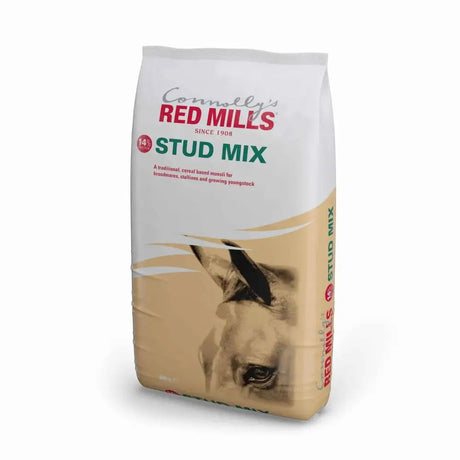 Connollys red mills stud mix horse feed in white and beige bag supports fertility foetal development and skeletal development milk
