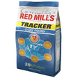 Blue and white bag of red mills tracker 15 kg dog food with blue dog graphic and 20 percent protein badge