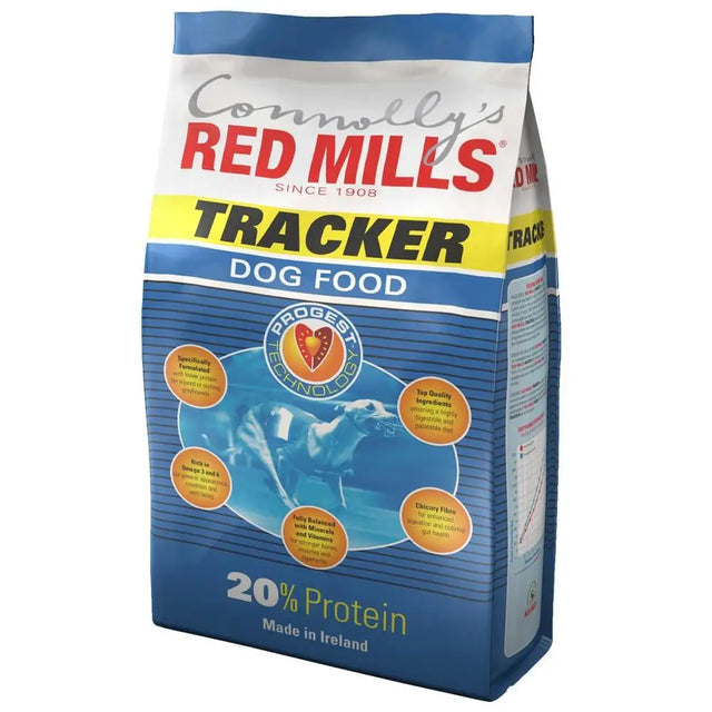 Blue and white bag of red mills tracker 15 kg dog food with blue dog graphic and 20 percent protein badge
