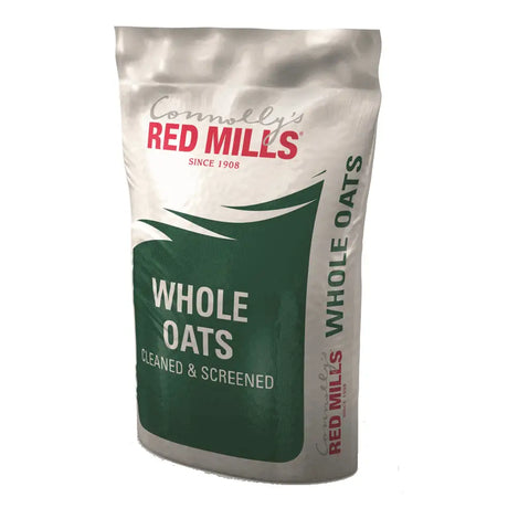 A white and green resealable bag of conway’s red mills whole oats 25 kg cleaned and screened for equestrian horses