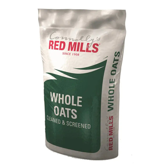 A white and green resealable bag of conway’s red mills whole oats 25 kg cleaned and screened for equestrian horses