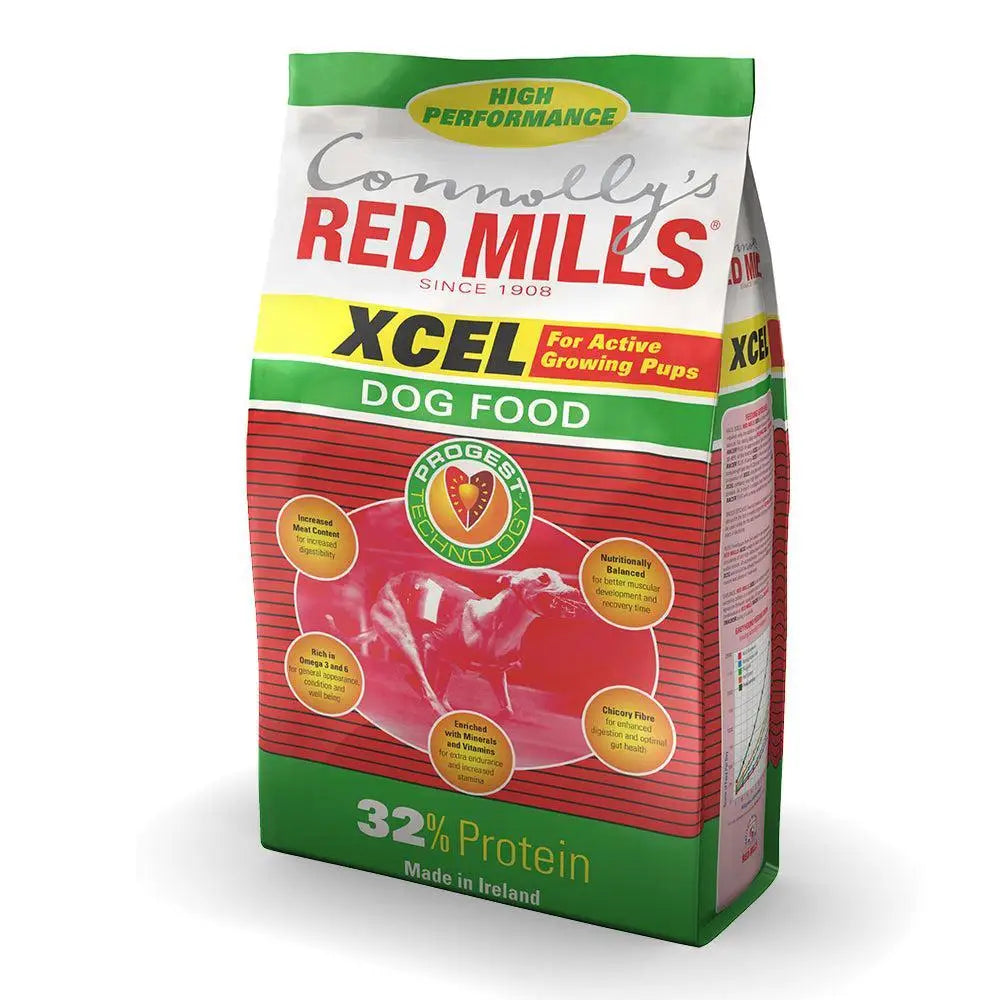 Red mills xcel 15 kg dog food bag in red and green for actively growing pups and lactating bitches with nutritional highlights