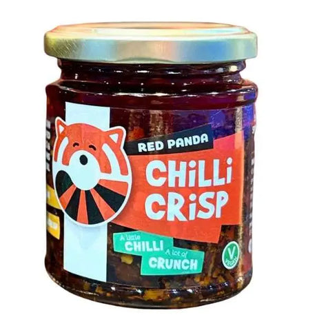 Red panda chilli crisp glass jar with metallic lid and colorful label featuring an orange panda illustration