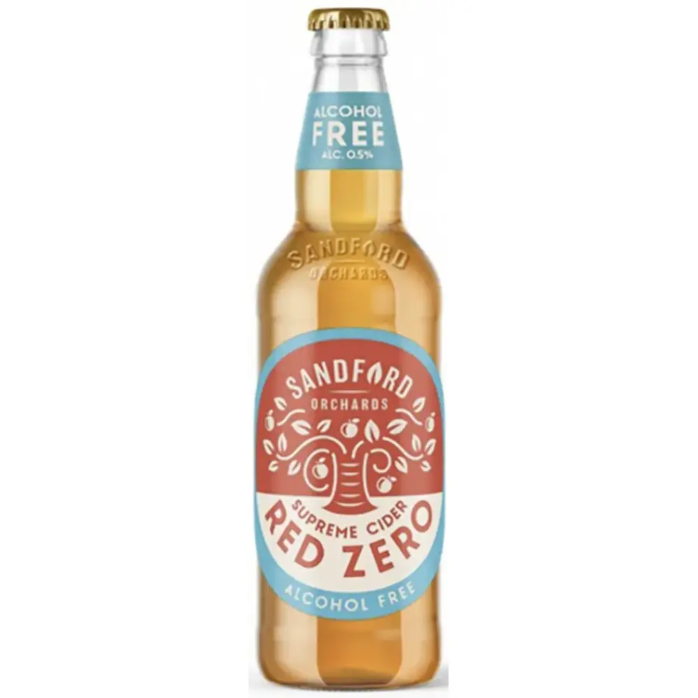 A clear glass bottle of sandford orchards supreme cider red zero alcohol-free cider with red and blue orchard label
