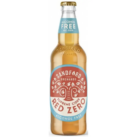 A clear glass bottle of sandford orchards supreme cider red zero alcohol-free cider with red and blue orchard label