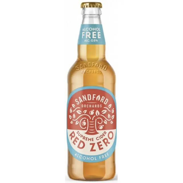 A clear glass bottle of sandford orchards supreme cider red zero alcohol-free cider with red and blue orchard label