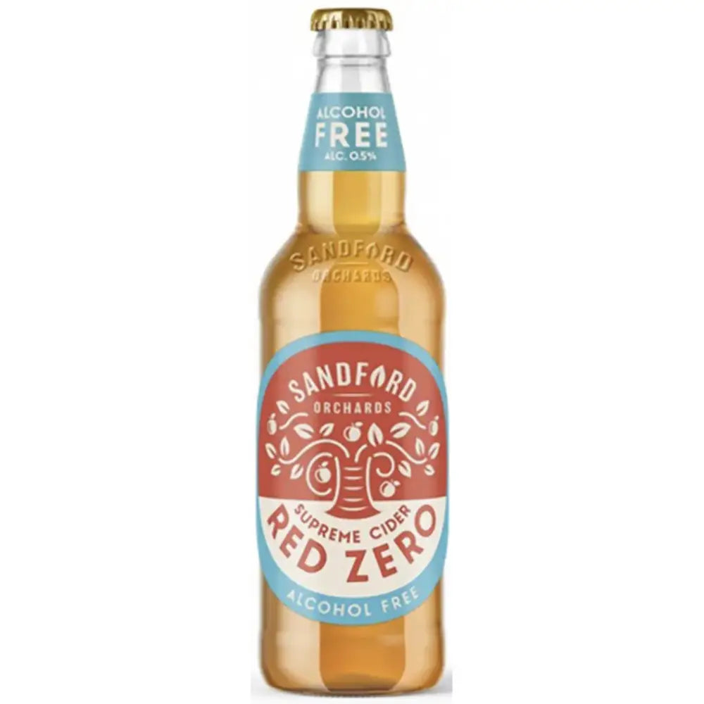 A clear glass bottle of sandford orchards red zero cider alcohol free with red and blue orchard label