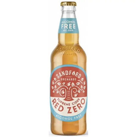 A clear glass bottle of sandford orchards supreme cider red zero alcohol-free cider with red and blue orchard label