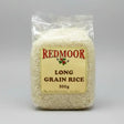 A clear plastic bag of white redmoor long grain rice labeled 500g perfect for wagon wheels and grain rice dishes