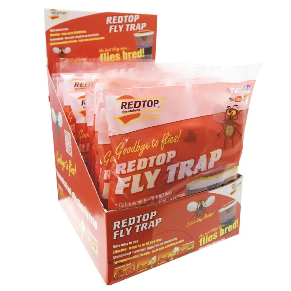 Redtop fly trap counter display box with red and white packaging and cartoon insect illustrations for fly trap pos