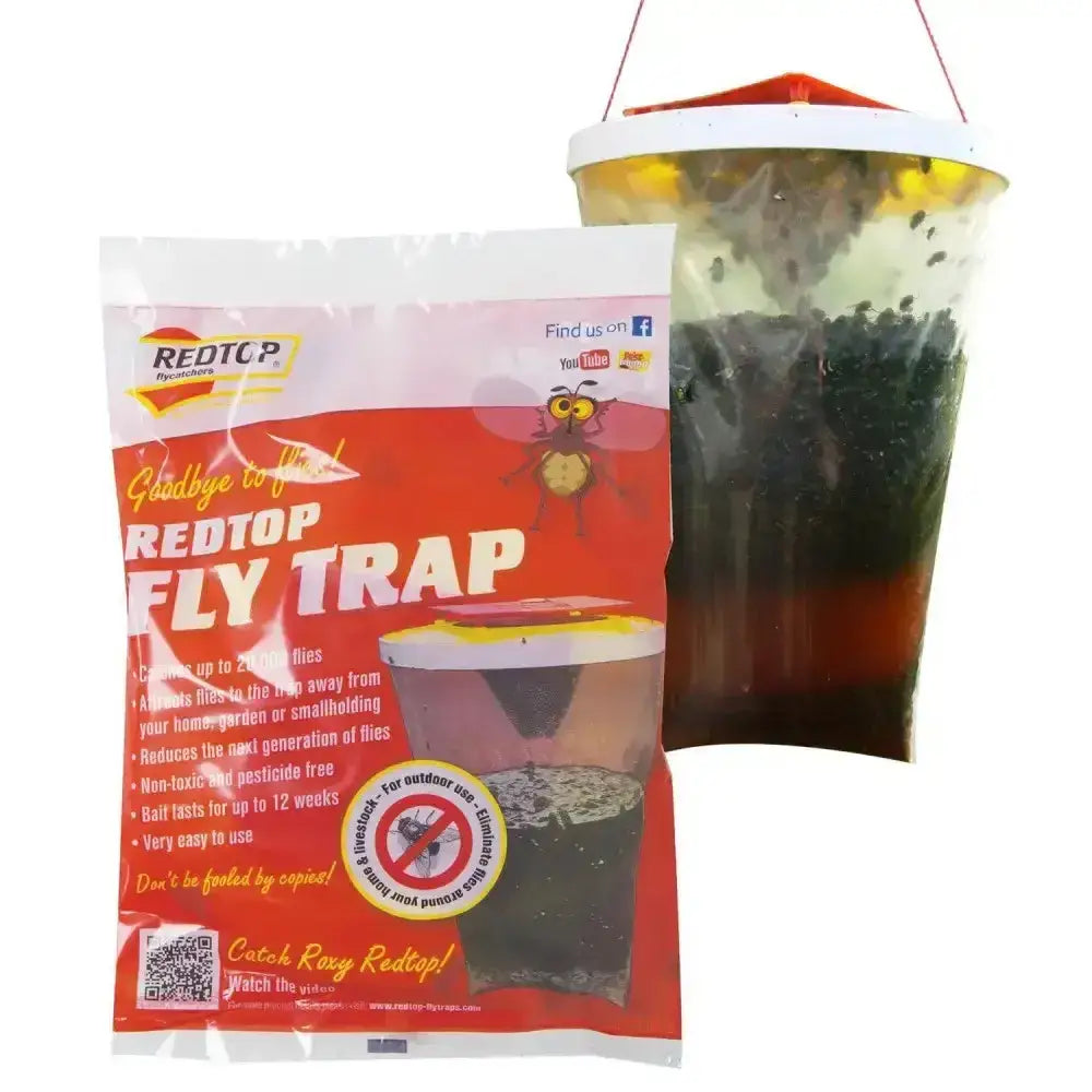 Redtop flycatchers fly traps in red and white package with cartoon bee and clear container filled with dark bait liquid