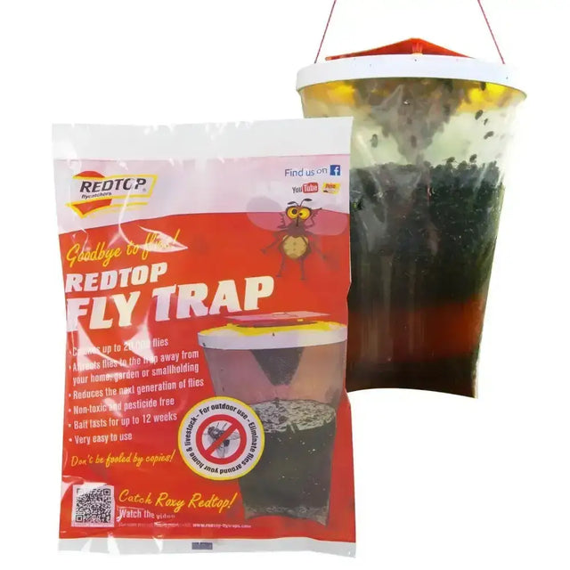 Redtop flycatchers fly traps in red and white package with cartoon bee and clear container filled with dark bait liquid