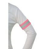 Reflector arm leg wraps by hy equestrian in pink and gray reflective material worn on a white sleeve