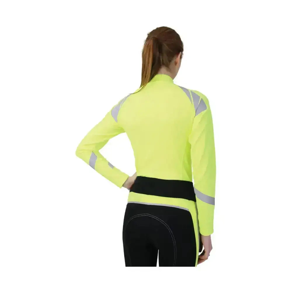 Bright neon yellow reflector base layer cycling jacket with reflective gray stripes on shoulders and arms by hy equestrian