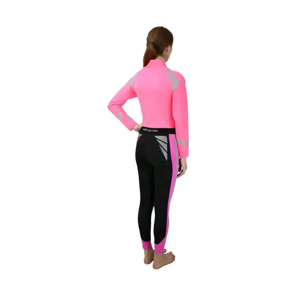 A vibrant pink and black reflector base layer wetsuit by hy equestrian with reflective gray panels and a high collar
