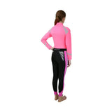 A vibrant pink and black reflector base layer wetsuit by hy equestrian with reflective gray panels and a high collar