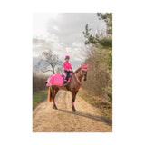 A vibrant pink reflector base layer horse blanket with white trim by hy equestrian for equestrian use