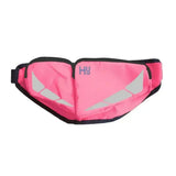Bright pink reflector bum bag by hy equestrian with black trim reflective panels and outer zip pockets for hands-free storage