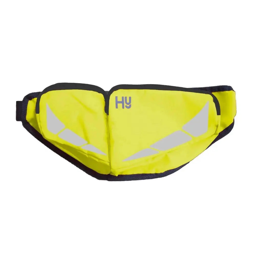 Bright yellow reflector bum bag by hy equestrian with black trim gray hy logo and outer zip pockets for hands-free personal storage