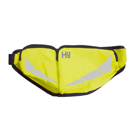 Bright yellow reflector bum bag by hy equestrian with black trim gray hy logo and outer zip pockets for hands-free personal storage