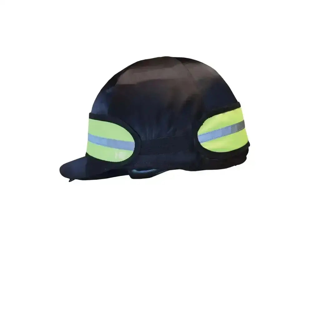 Black hard hat with bright yellow reflector elasticated hat band by hy equestrian for safety and visibility