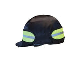 Black hard hat with bright yellow reflector elasticated hat band by hy equestrian for safety and visibility
