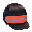 Black safety helmet with bright orange and blue reflective elasticated hat band by hy equestrian