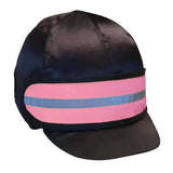 Black horse riding helmet cover with pink and blue reflective stripes featuring reflector elasticated hat band by Hy Equestrian