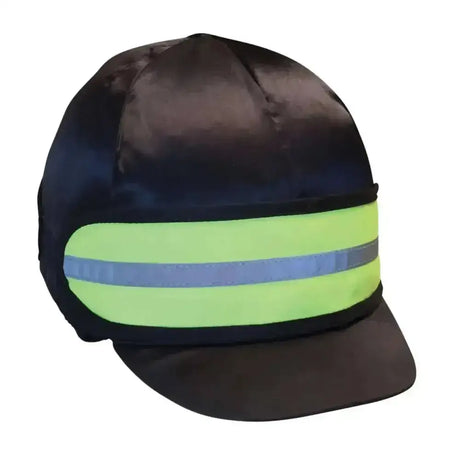Black fabric reflector elasticated hat band with neon green and silver reflective stripe by hy equestrian