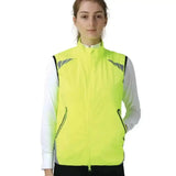 Bright neon yellow reflector gilet by hy equestrian with black trim gray shoulder accents and handy zip pocket for safety