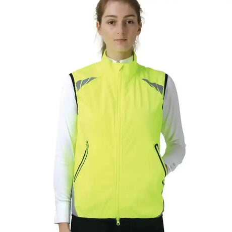 Bright neon yellow reflector gilet by hy equestrian with black trim gray shoulder accents and handy zip pocket for safety
