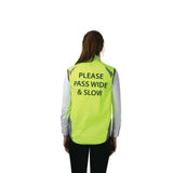 Bright yellow reflector gilet by hy equestrian with black reflective stripes and please pass wide and slow print