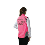 Back of a bright pink reflector gilet by hy equestrian with gray panels black reflective text and handy zip pocket