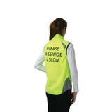Back view of bright yellow reflector gilet by hy equestrian with please pass wide and slow text and reflective panels