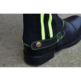 Black reflector half chaps with neon green zipper and stitching and brass h2 button by hy equestrian