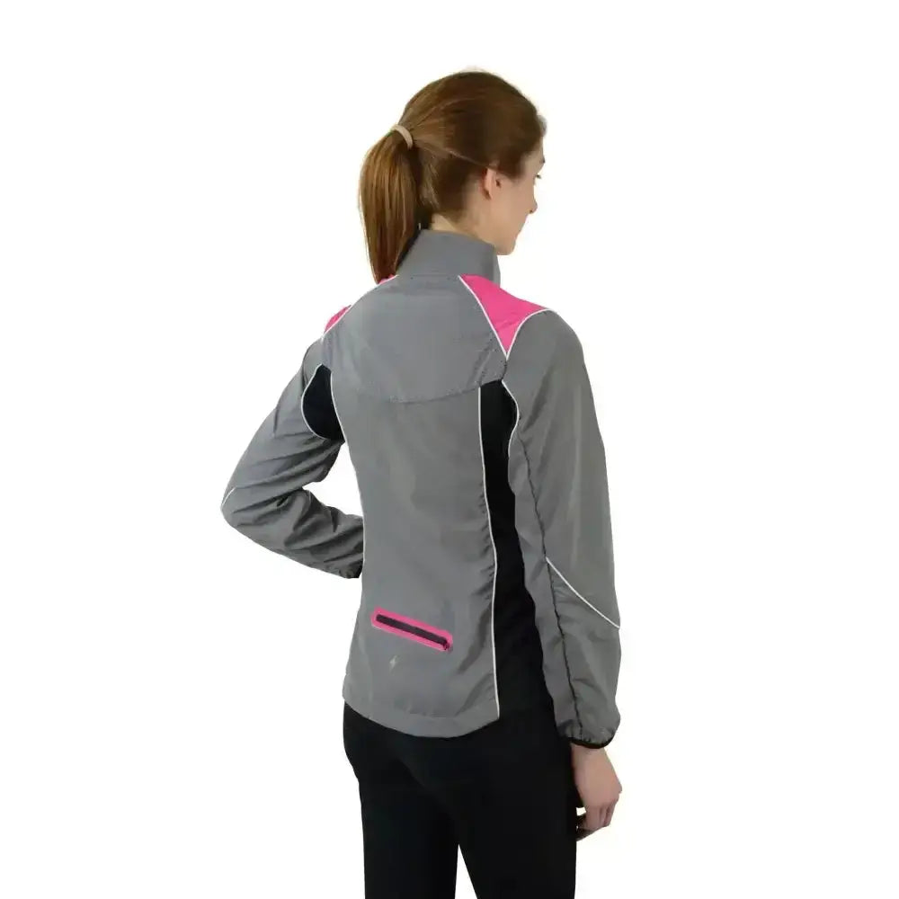 Back view of gray and pink reflector jacket by hy equestrian with black accents and reflective panel for darker evenings wearing