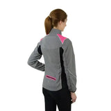 Back view of gray and pink reflector jacket by hy equestrian with black accents and reflective panel for darker evenings wearing