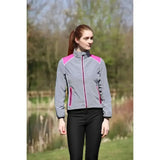 Gray and pink reflector jacket by hy equestrian with reflective zipper details perfect for darker evenings wearing
