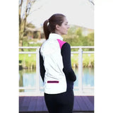 Reflector jacket by hy equestrian white reflective jacket with pink accents and magenta zipper for darker evenings wearing