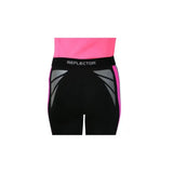 Black and neon pink reflector riding tights by hy equestrian with reflective gray panels and reflector waistband branding