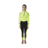 Bright neon yellow and black long-sleeved reflector riding tights by hy equestrian with reflective stripes for eye-catching riding