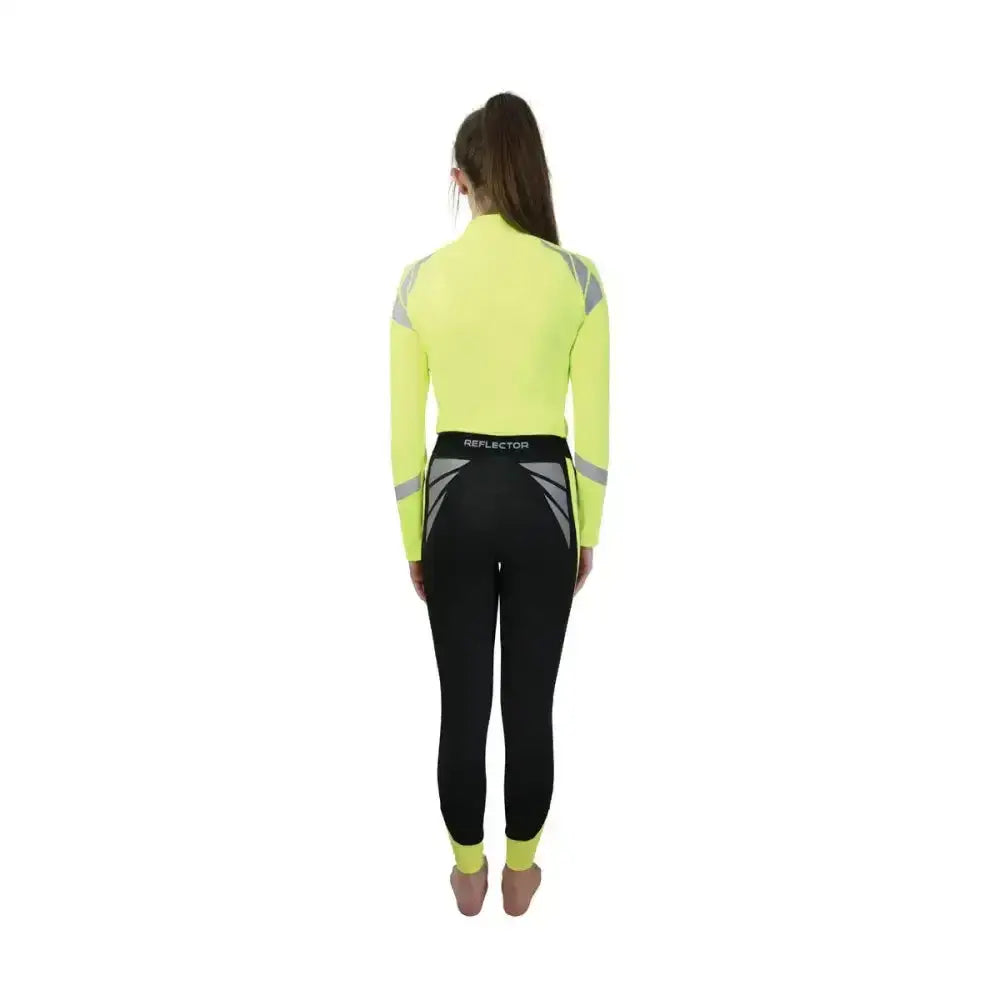Bright neon yellow and black reflector riding tights with reflective gray stripes by hy equestrian for eye-catching riding